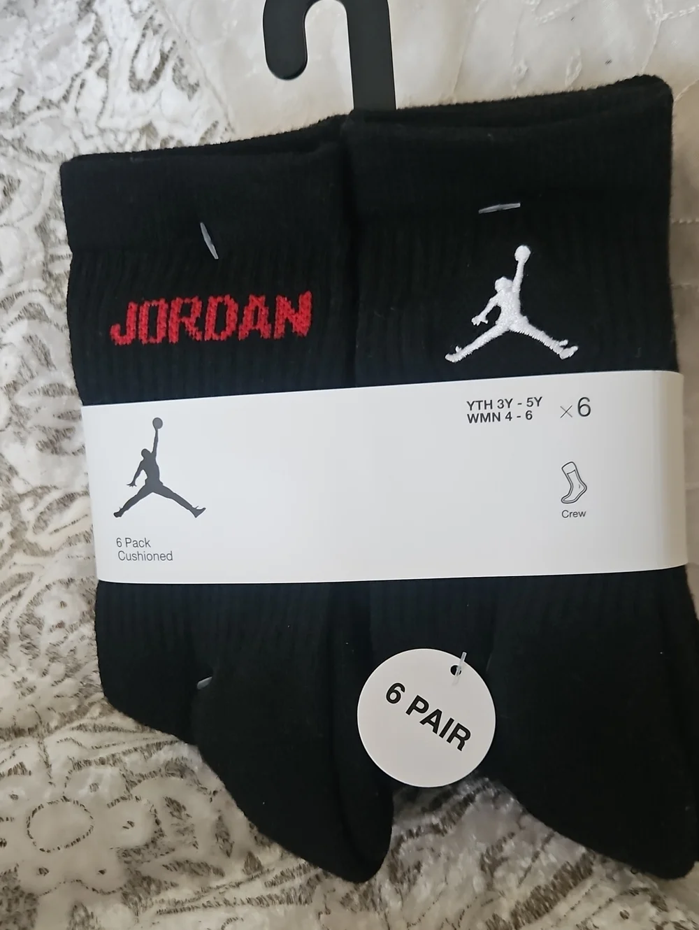 Jordan Youth Black Crew Socks with Red Logo Accents - 6 Pack